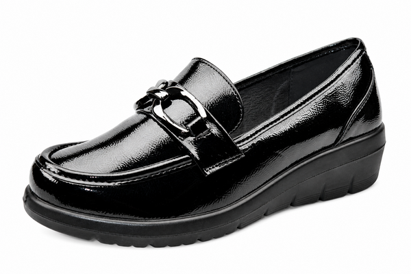 Womens Extra Wide EEE Fit Patent PU Slip On Wedge Comfort Shoes