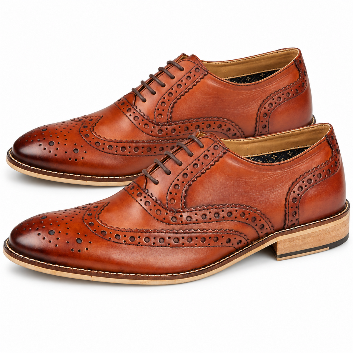 Men's Smart Leather Lace Up Oxford Brogue Shoes in Conker Brown and Tan