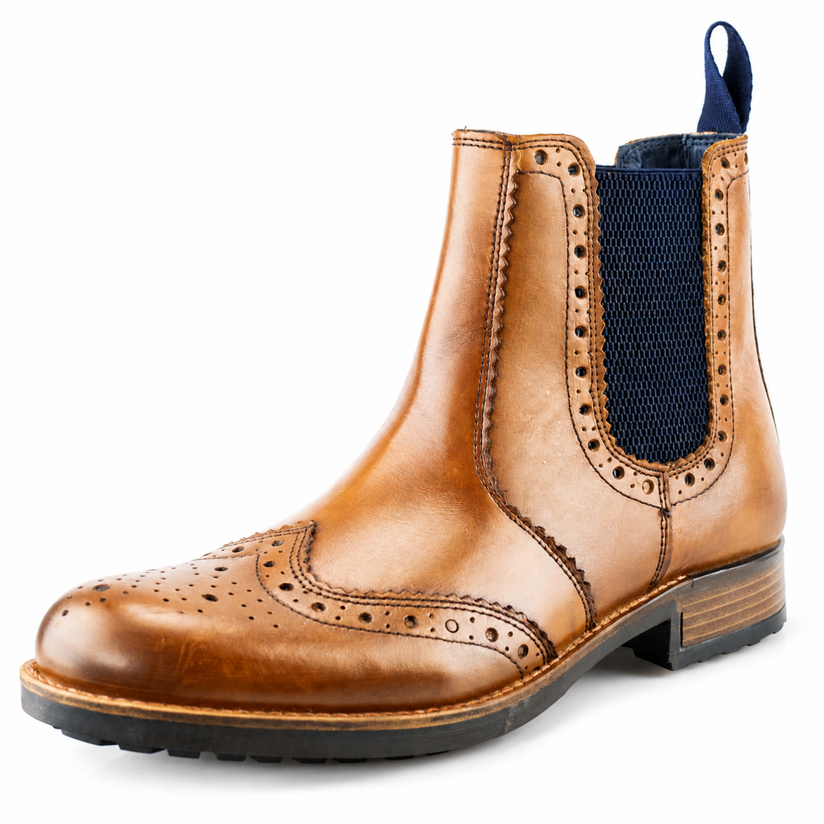 Men's Tan Burnished Softie Leather Brogue Chelsea Boots