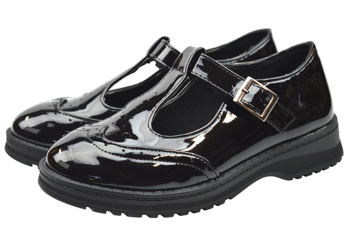 Girls Buckle T Bar Brogue School Shoes