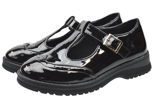 Girls Buckle T Bar Brogue School Shoes