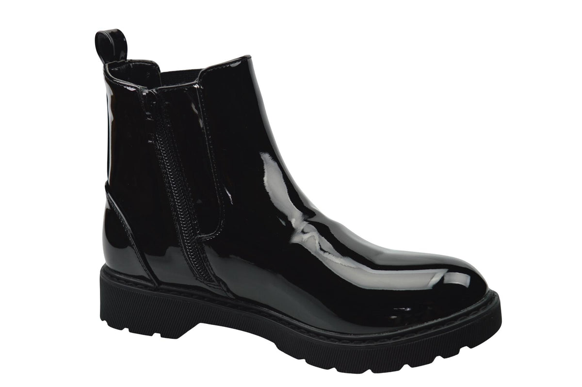 Girls Black Patent PU Zip Ankle Boots