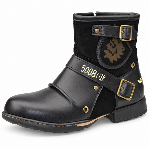 Men's Faux Leather Biker Ankle Boots with Zip and Double Buckle Detail