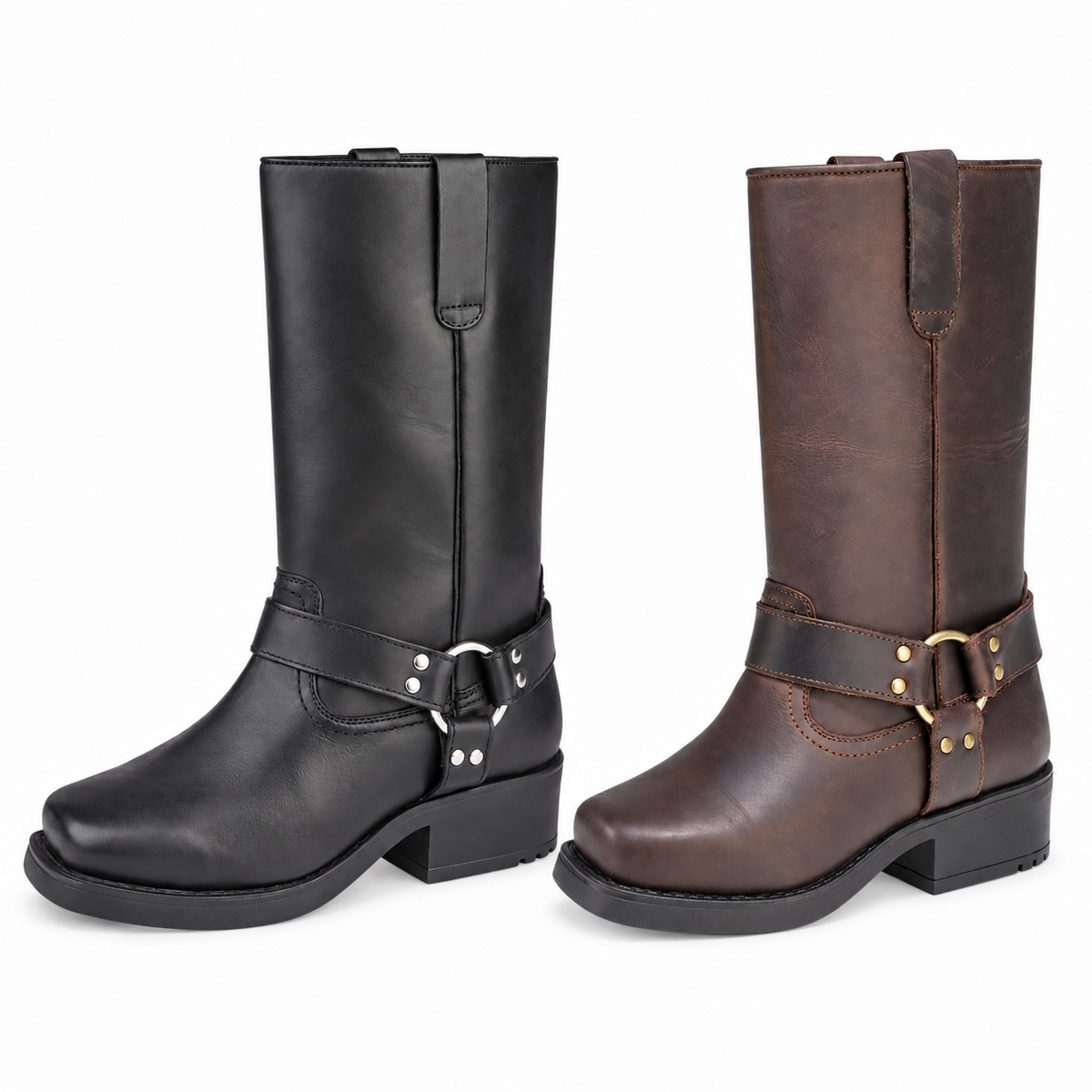 Mens Leather Pull On Western Harness Biker Riding High Leg Boots