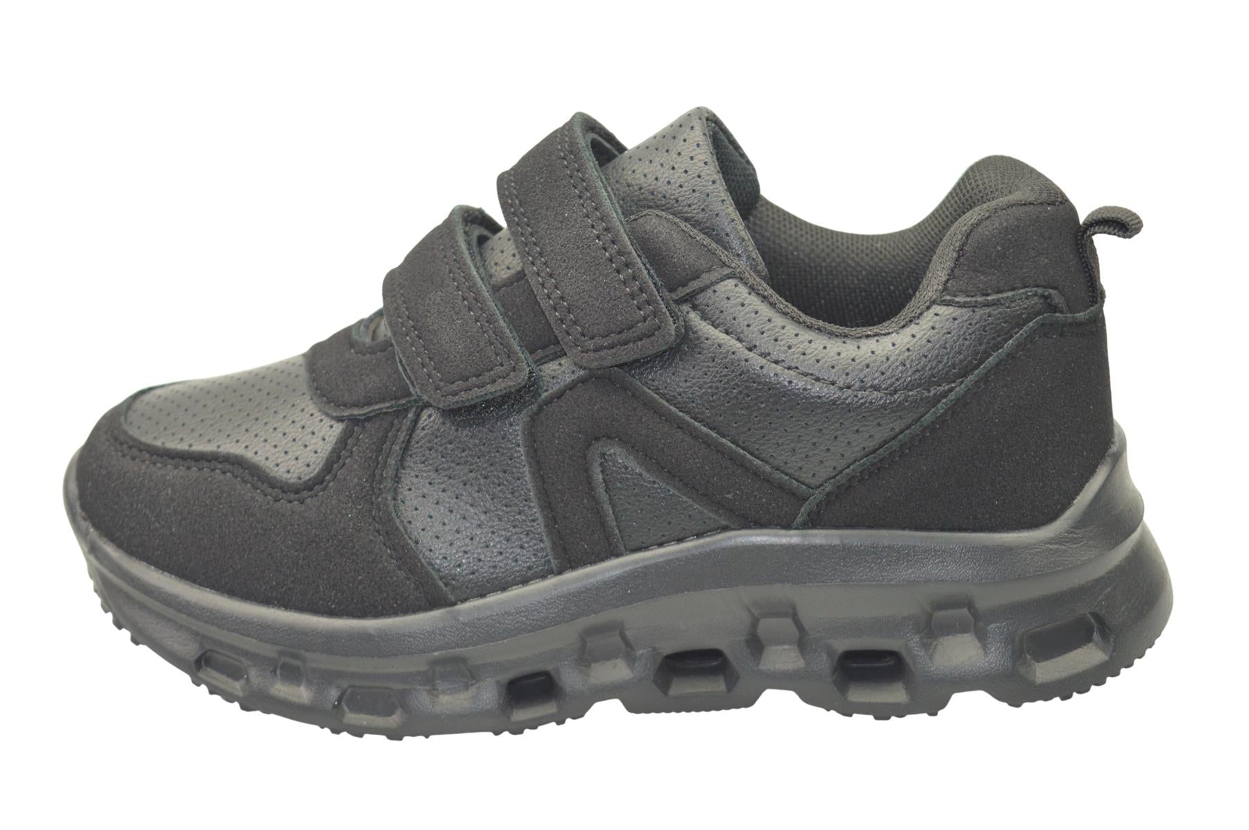 Boys Girls Black PU School Trainers with Twin Touch Fastening