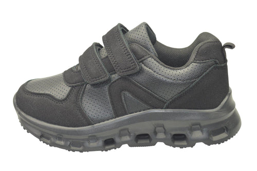 Boys Girls Black PU School Trainers with Twin Touch Fastening