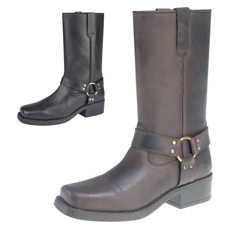 Mens Leather Pull On Western Harness Biker Riding High Leg Boots