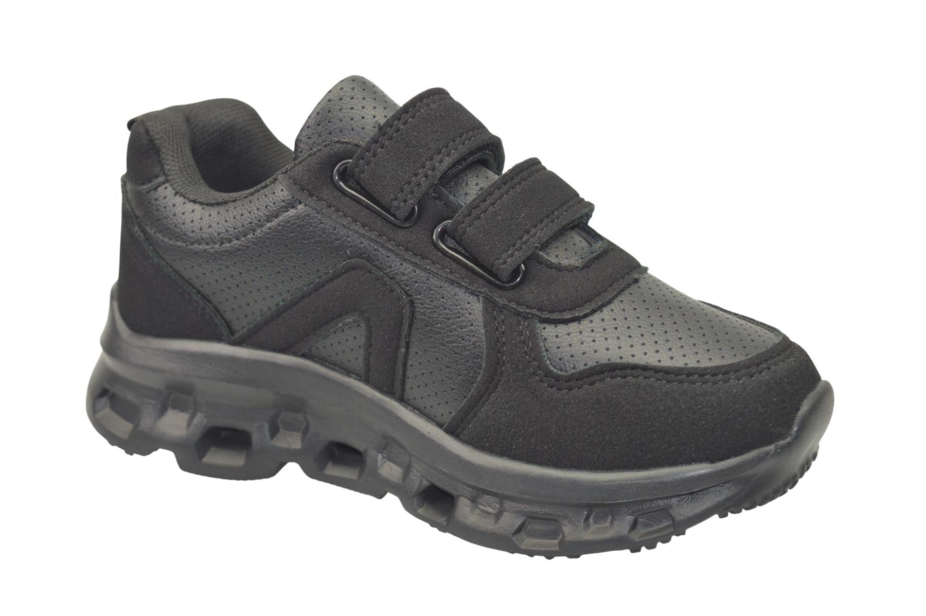 Boys Girls Black PU School Trainers with Twin Touch Fastening