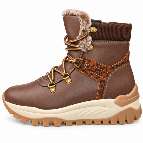 Women's Brown Hiker Style Ankle Boots with Faux Fur Lining