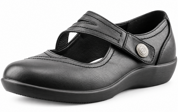 Women's Extra Wide EE Fit Black PU Touch Fastening Bar Shoes