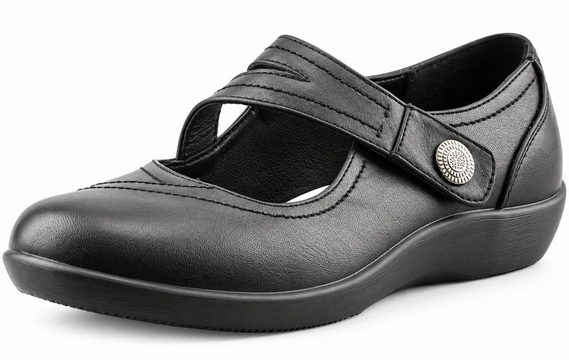 Women's Extra Wide EE Fit Black PU Touch Fastening Bar Shoes