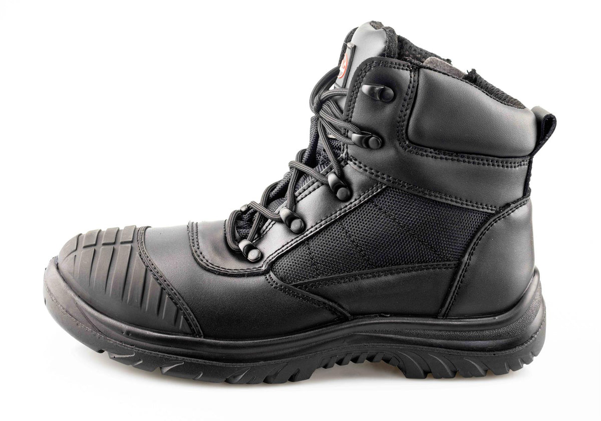 Men's S3 Black Leather Lace Up Side Zip Safety Work Boots