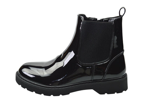Girls Black Patent PU Zip Ankle Boots