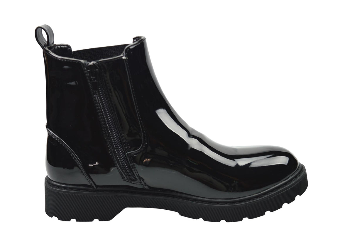 Girls Black Patent PU Zip Ankle Boots