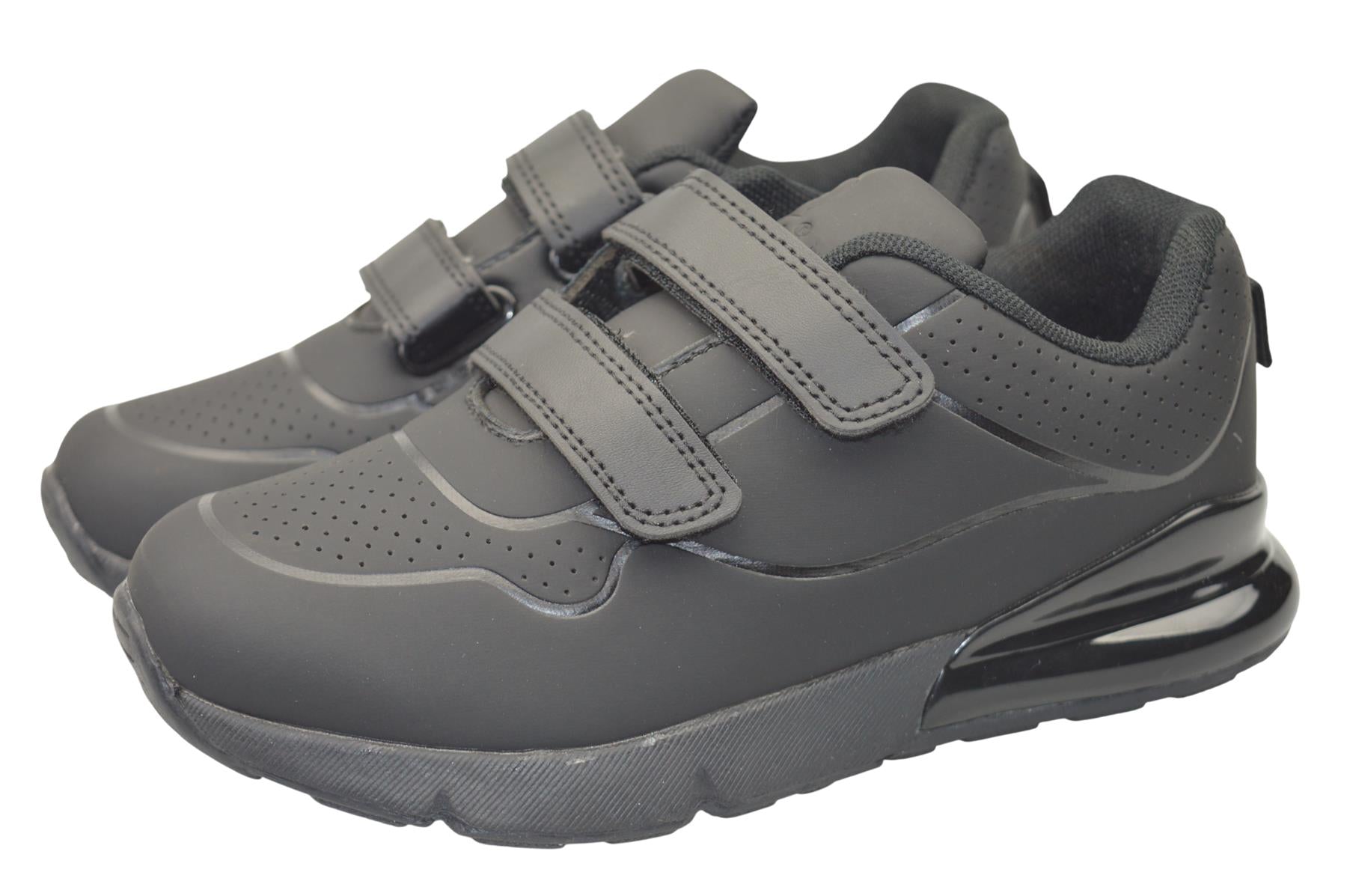 Boys Black PU School Trainers with Twin Bar Touch Fastening