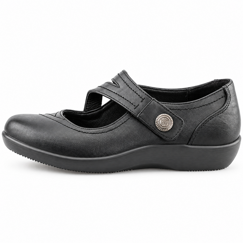 Women's Extra Wide EE Fit Black PU Touch Fastening Bar Shoes