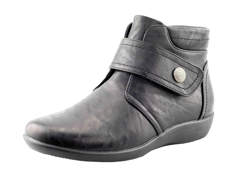 Women's Extra Wide EE Fit Black PU Touch Fasten Zip Ankle Boots