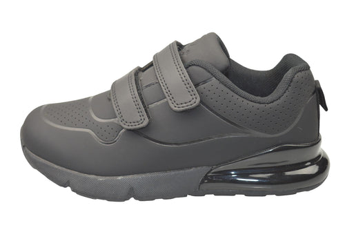 Boys Black PU School Trainers with Twin Bar Touch Fastening
