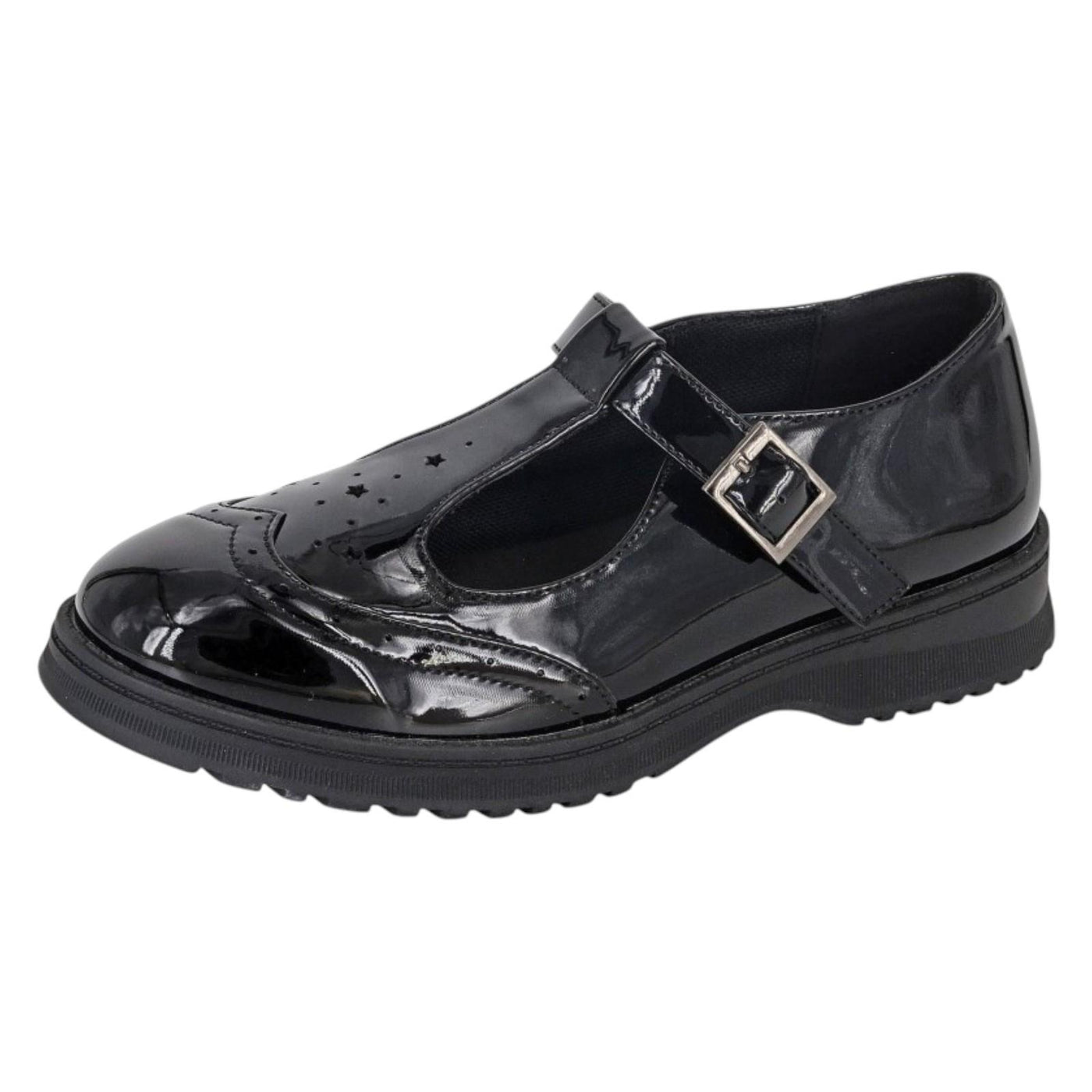 Girls Buckle T Bar Brogue School Shoes