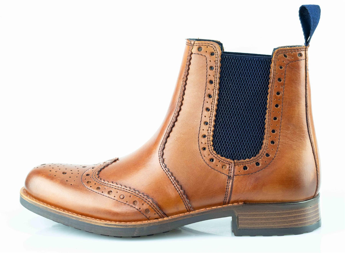 Men's Tan Burnished Softie Leather Brogue Chelsea Boots