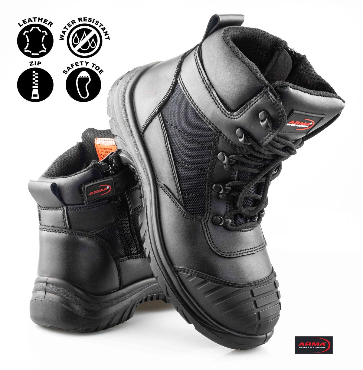 Men's S3 Black Leather Lace Up Side Zip Safety Work Boots