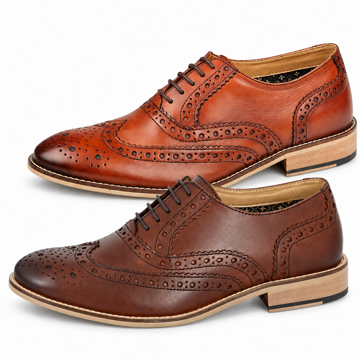 Men's Smart Leather Lace Up Oxford Brogue Shoes in Conker Brown and Tan