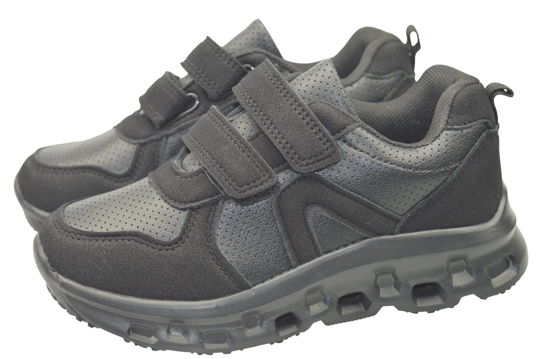 Boys Girls Black PU School Trainers with Twin Touch Fastening