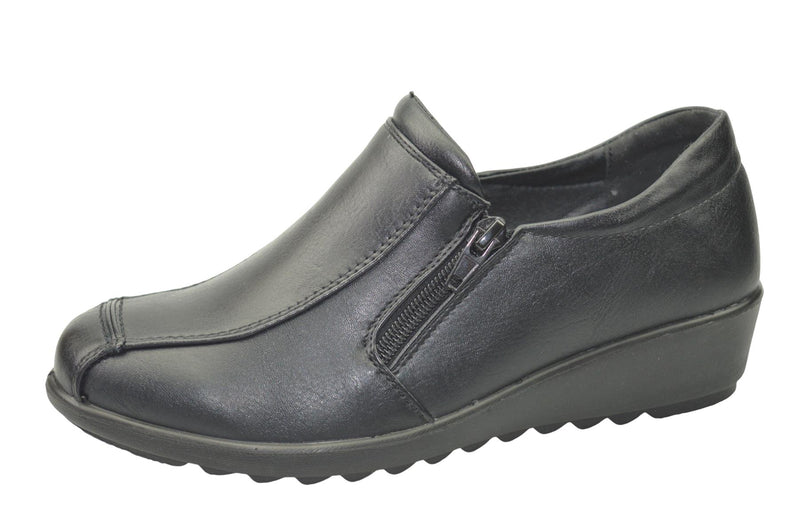 Women's Extra Wide EEE Fit Twin Zip Black PU Comfort Shoes