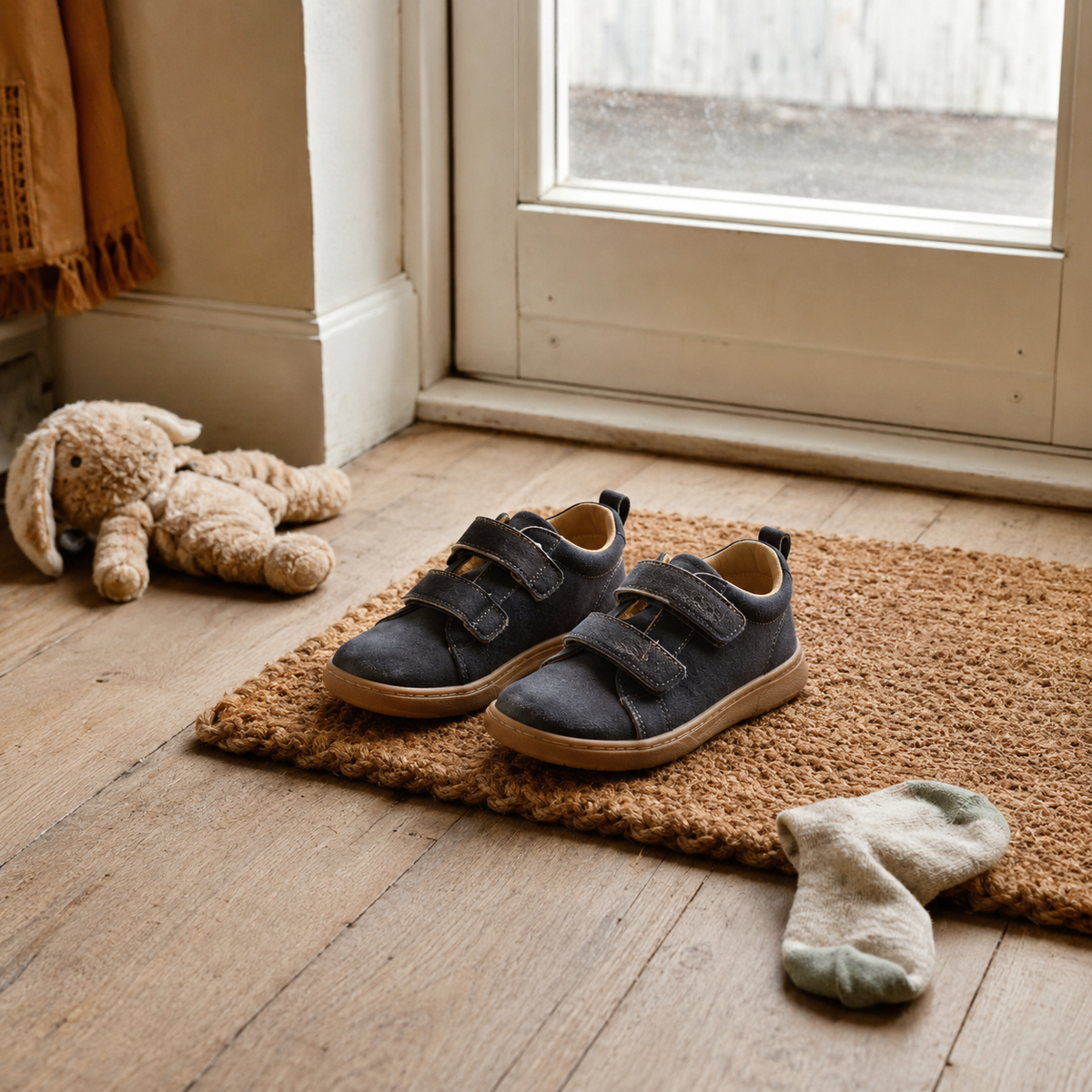 A pair of dark navy blue toddler sneakers with hook-and-loop straps.