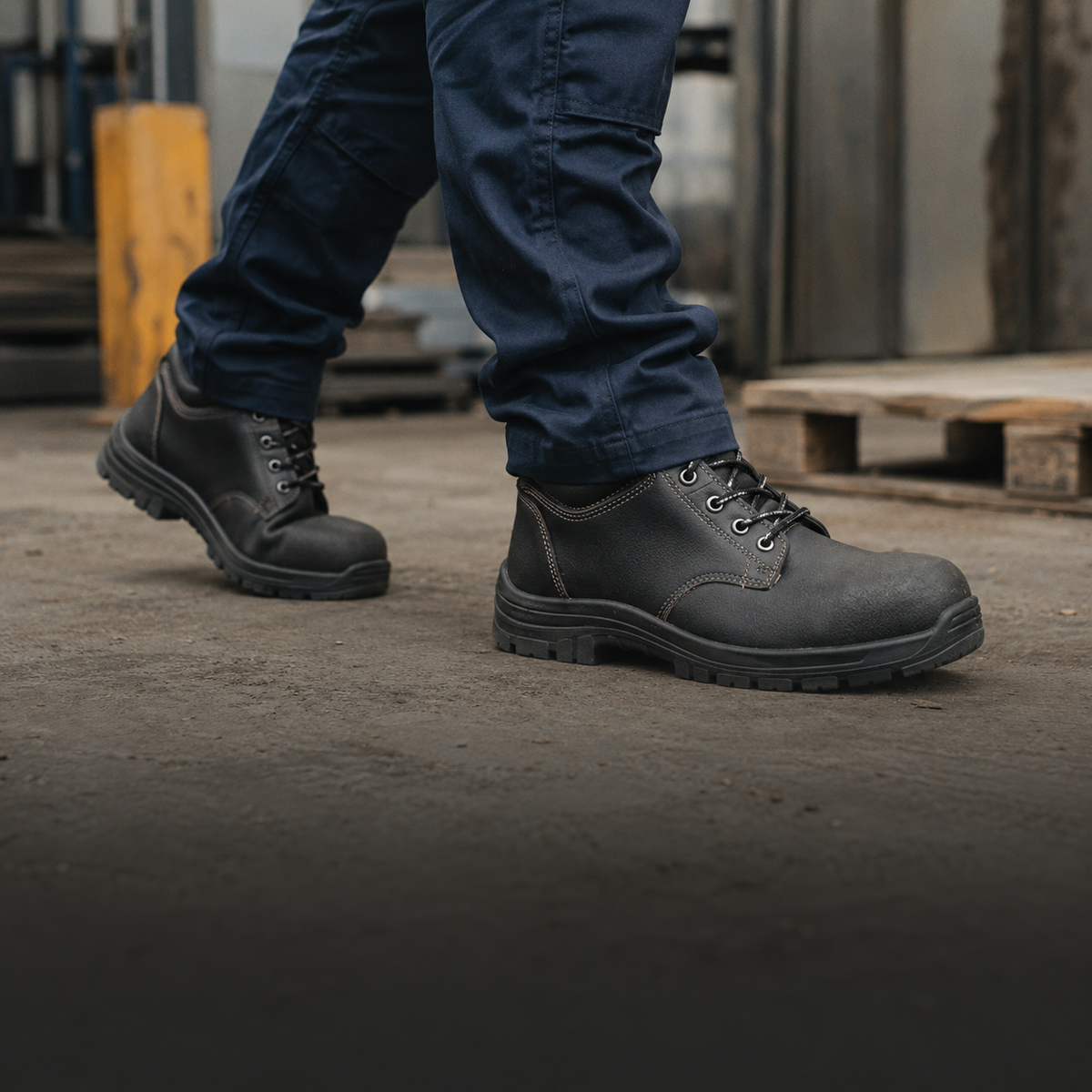Dark gray leather lace-up work boots.