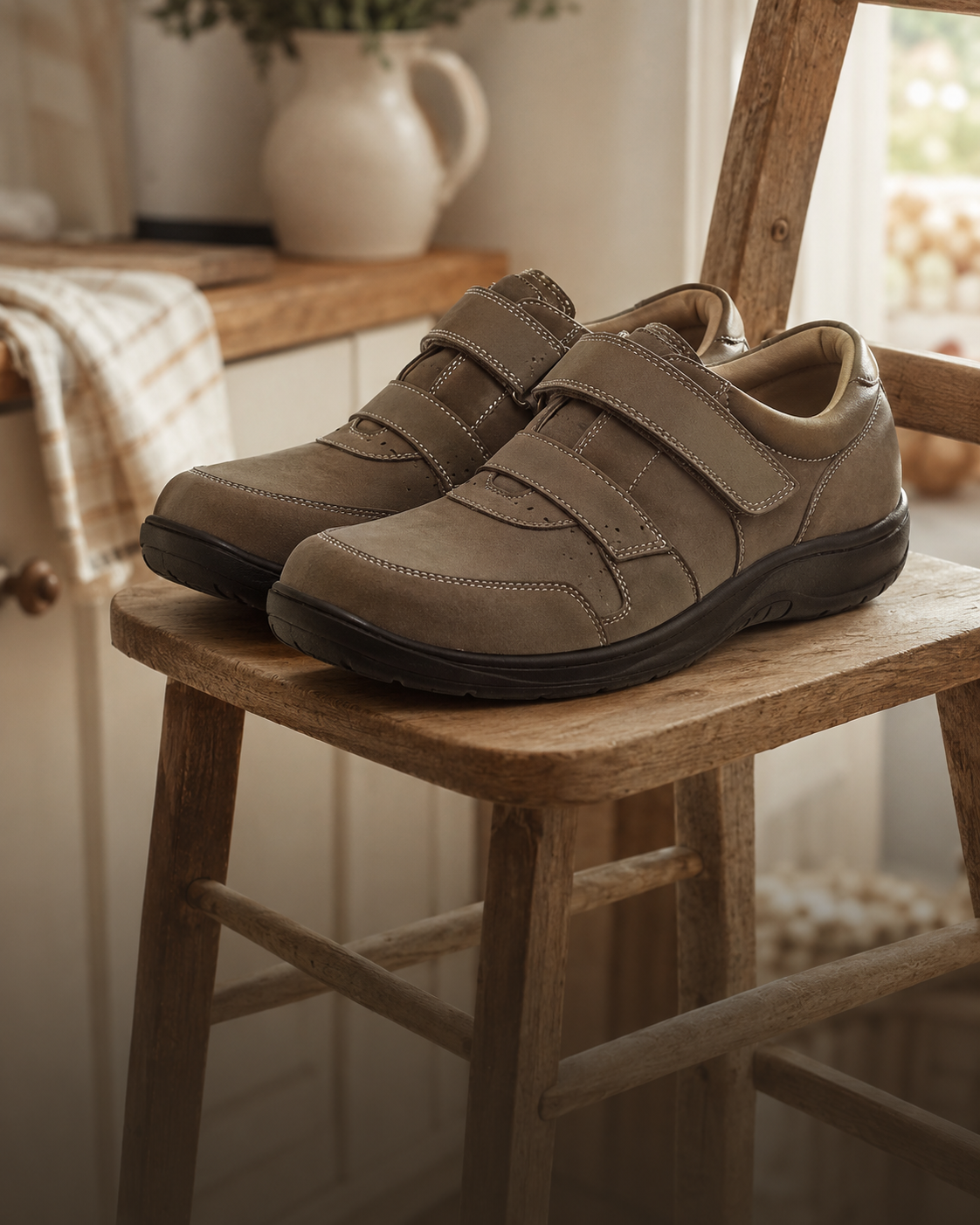 Brown wide-fit shoes with double hook-and-loop straps