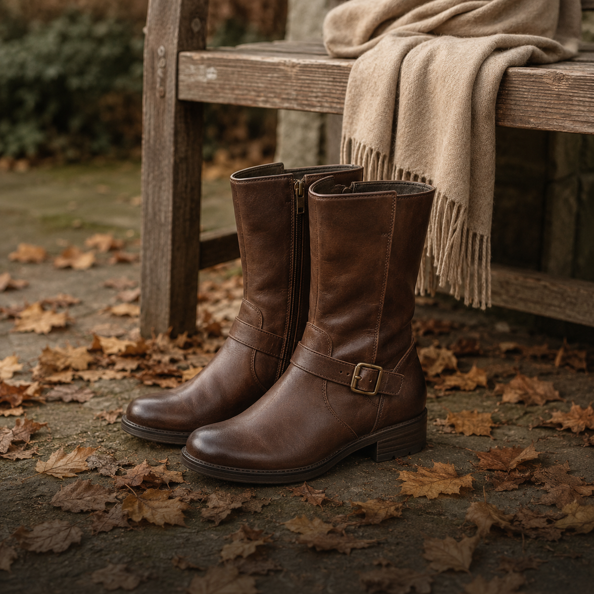 Womens dark brown leather mid-calf boots with side zippers and buckle straps