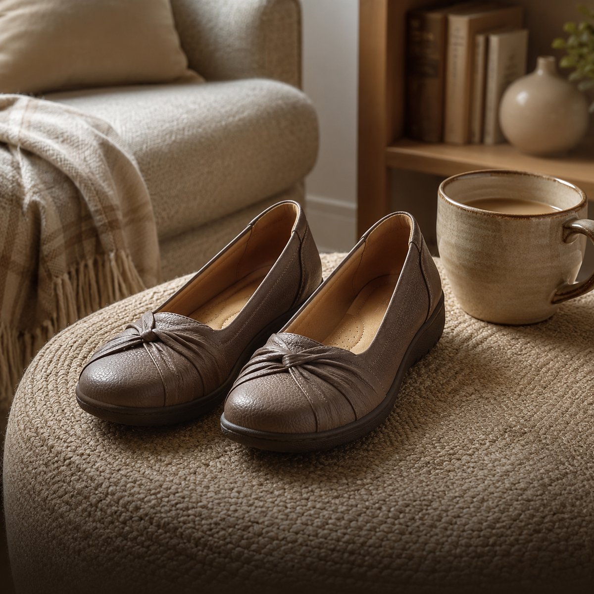 Womens brown leather slip-on comfort flat shoes