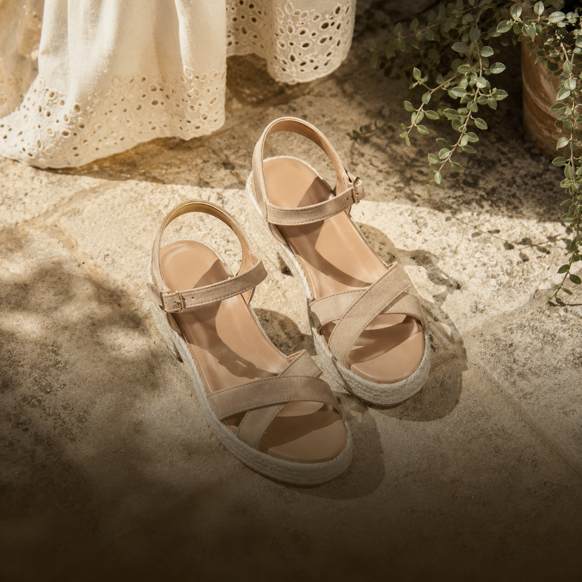 womens beige espadrille-style sandals with crisscross front straps and ankle straps