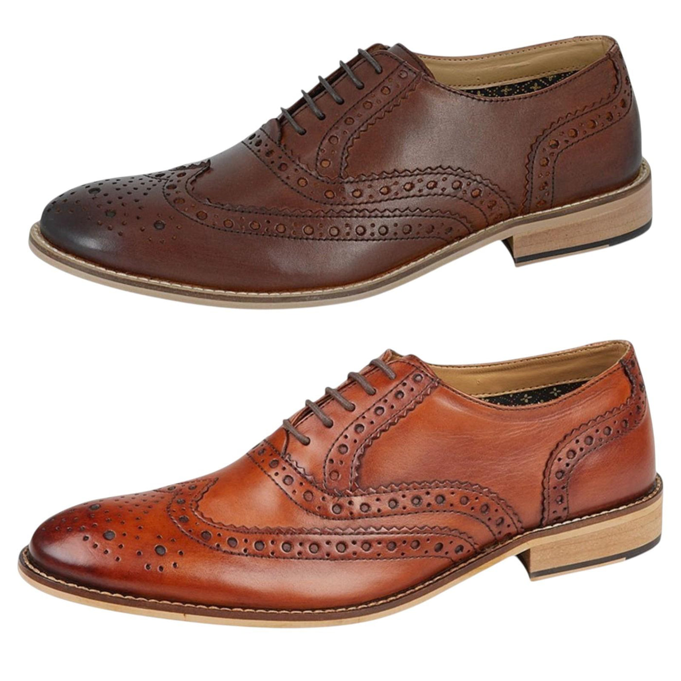 Men's Smart Leather Lace Up Oxford Brogue Shoes in Conker Brown and Tan