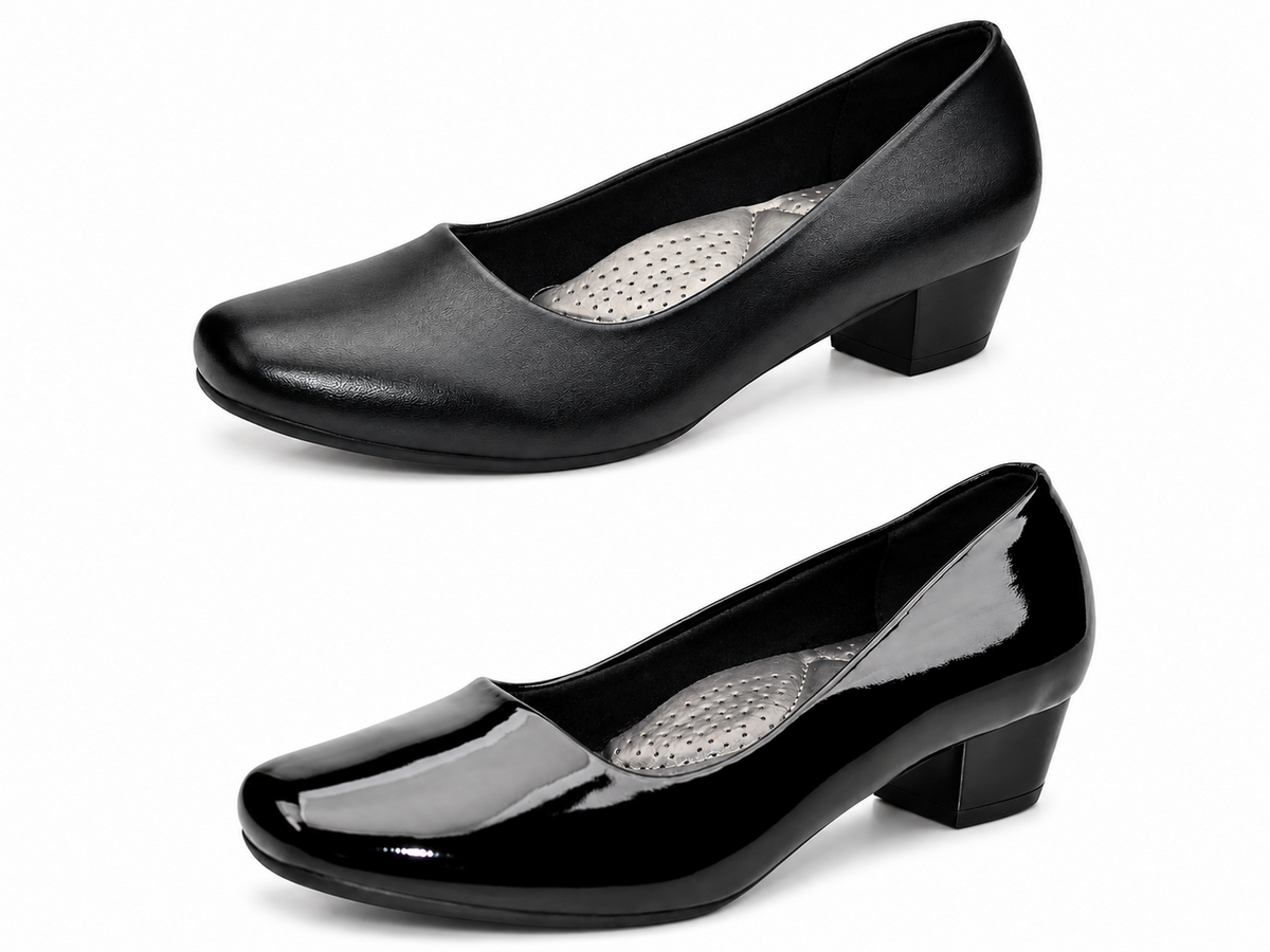 Women's Black PU Low Heel Slip On Comfort Court Shoes