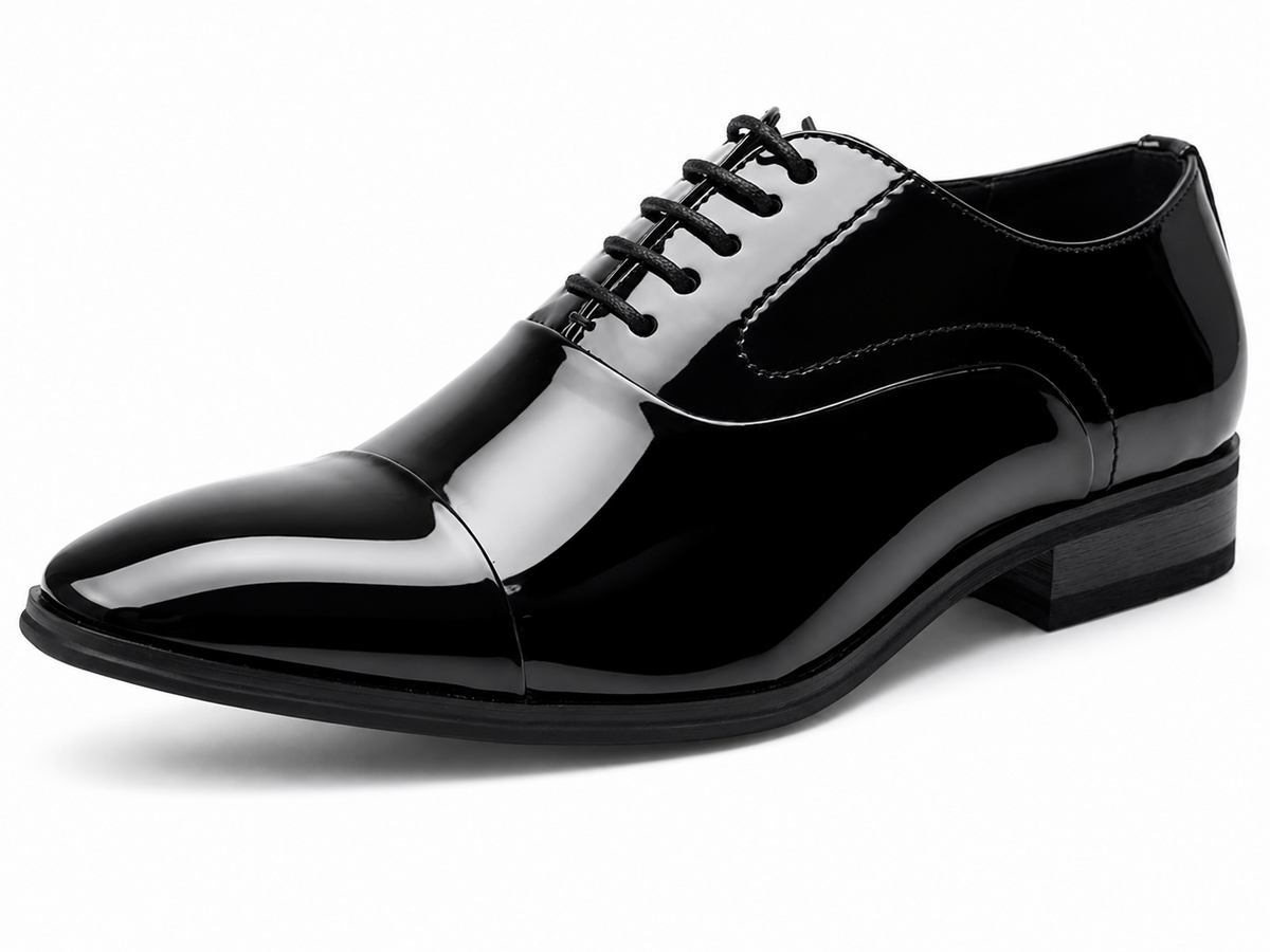Men's Black Patent PU Capped Oxford Formal Smart Lace Up Shoes