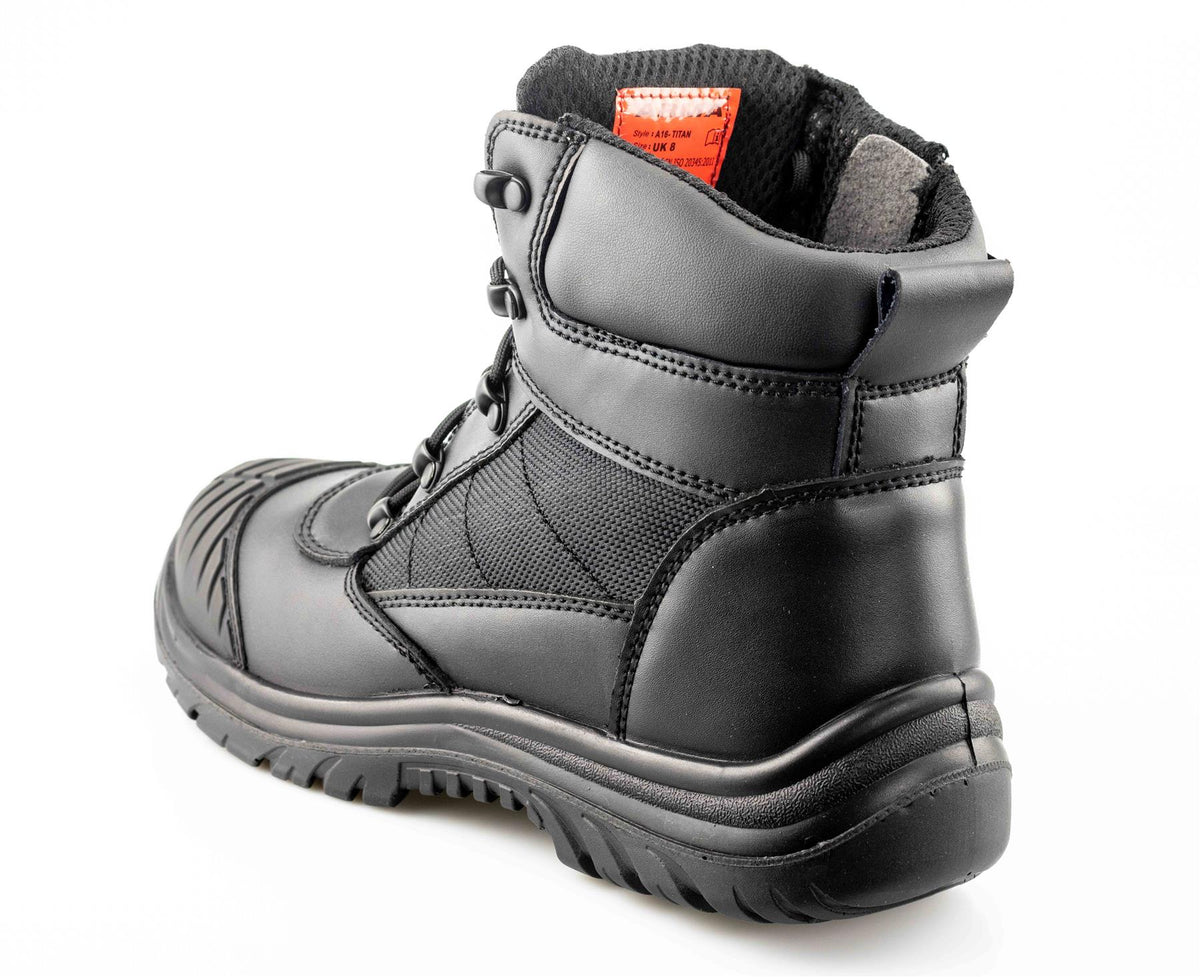 Men's S3 Black Leather Lace Up Side Zip Safety Work Boots