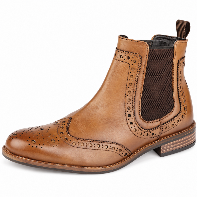 Mens Leather Brogue Twin Gusset Boots