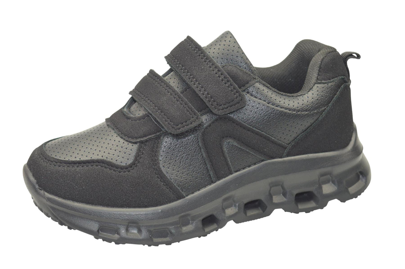 Boys Girls Black PU School Trainers with Twin Touch Fastening