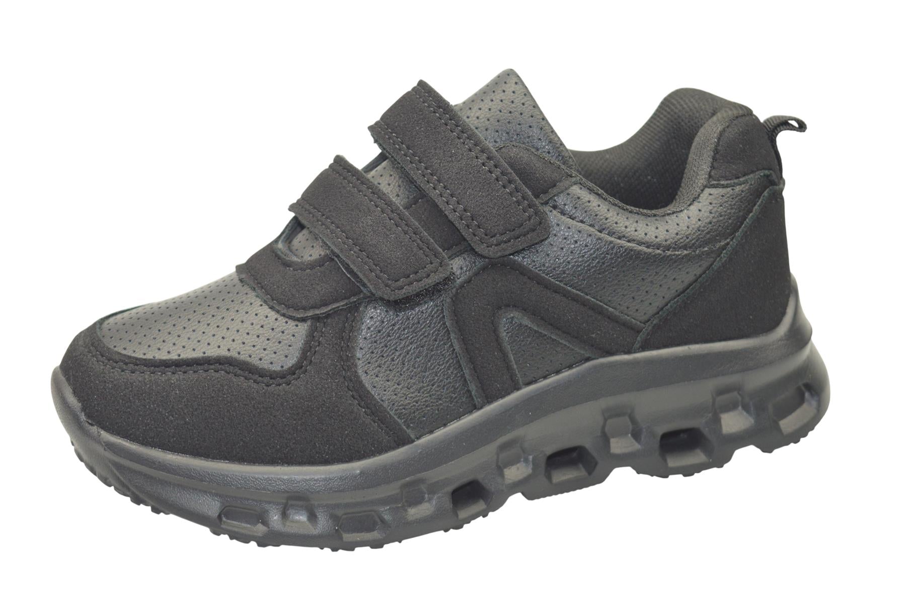 Boys Girls Black PU School Trainers with Twin Touch Fastening