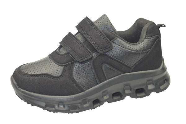 Boys Girls Black PU School Trainers with Twin Touch Fastening