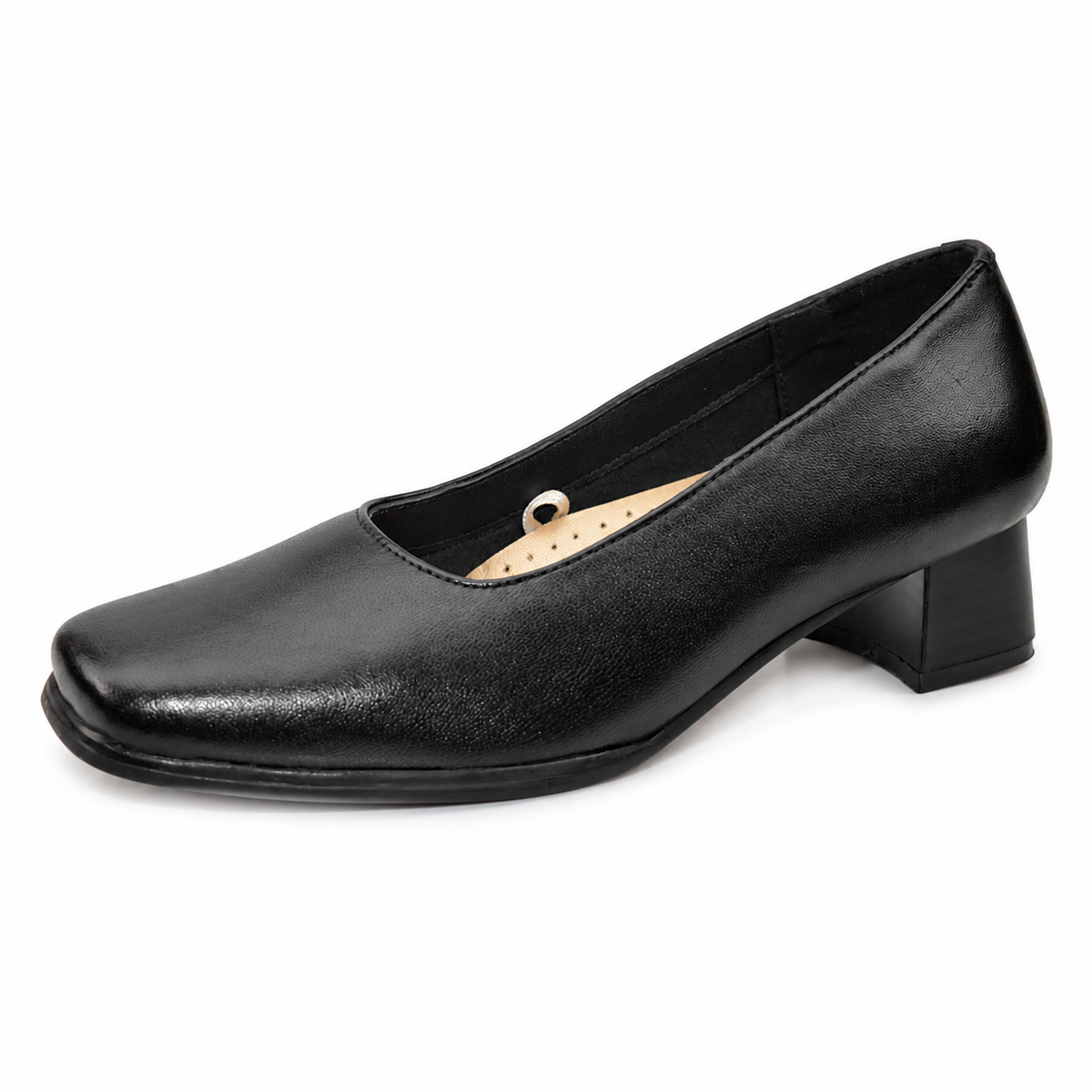 Women's Black Leather Low Heel Comfort Court Shoes