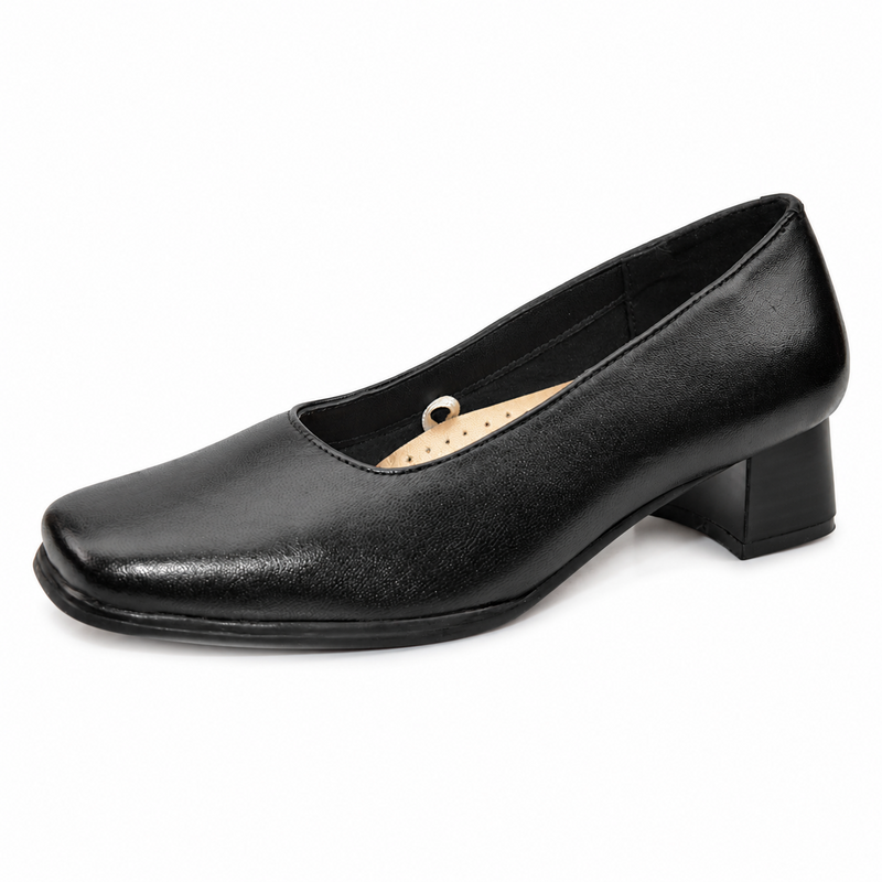 Women's Black Leather Low Heel Comfort Court Shoes