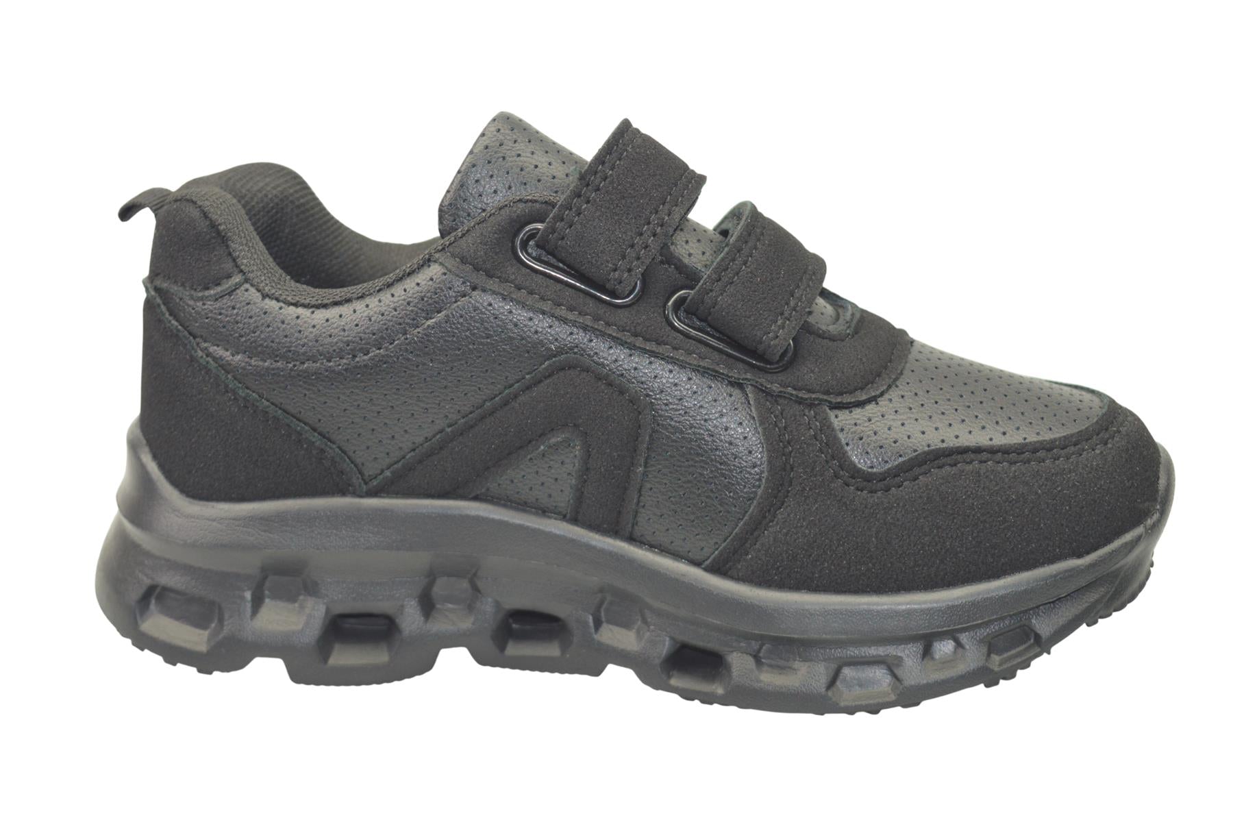 Boys Girls Black PU School Trainers with Twin Touch Fastening