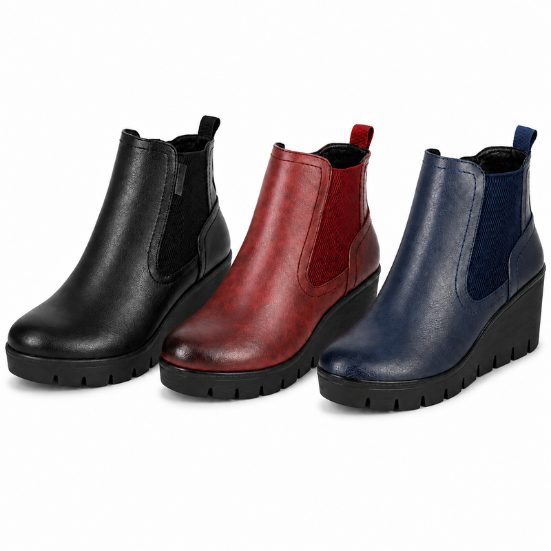 Women's PU Wedge Ankle Boots with Memory Foam and Inside Zip