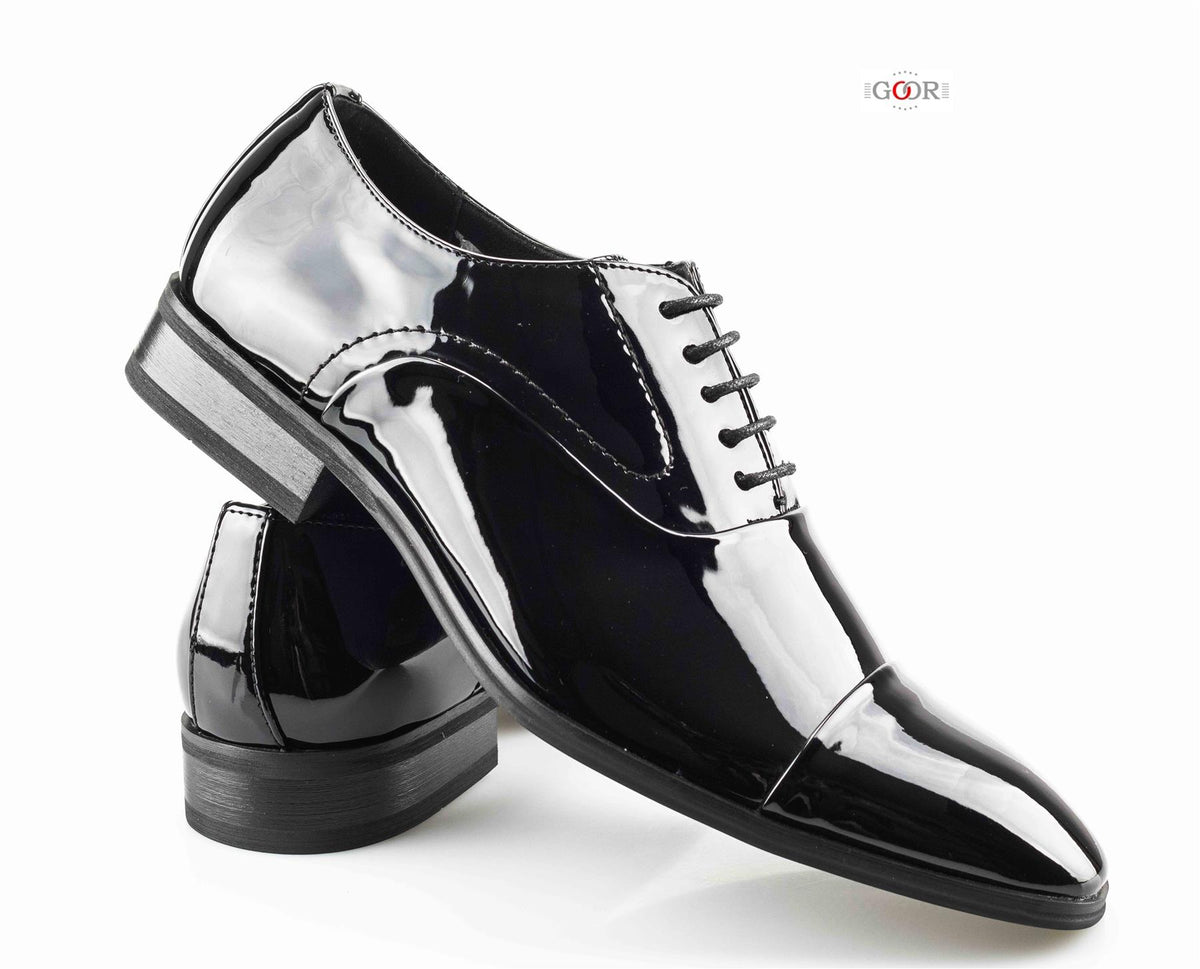 Men's Black Patent PU Capped Oxford Formal Smart Lace Up Shoes