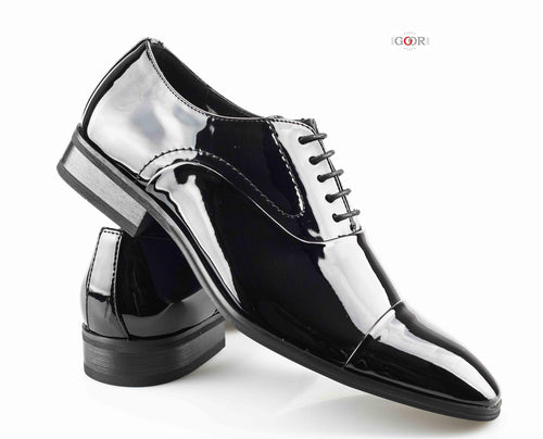 Men's Black Patent PU Capped Oxford Formal Smart Lace Up Shoes