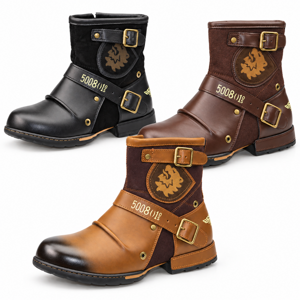 Men's Faux Leather Biker Ankle Boots with Zip and Double Buckle Detail