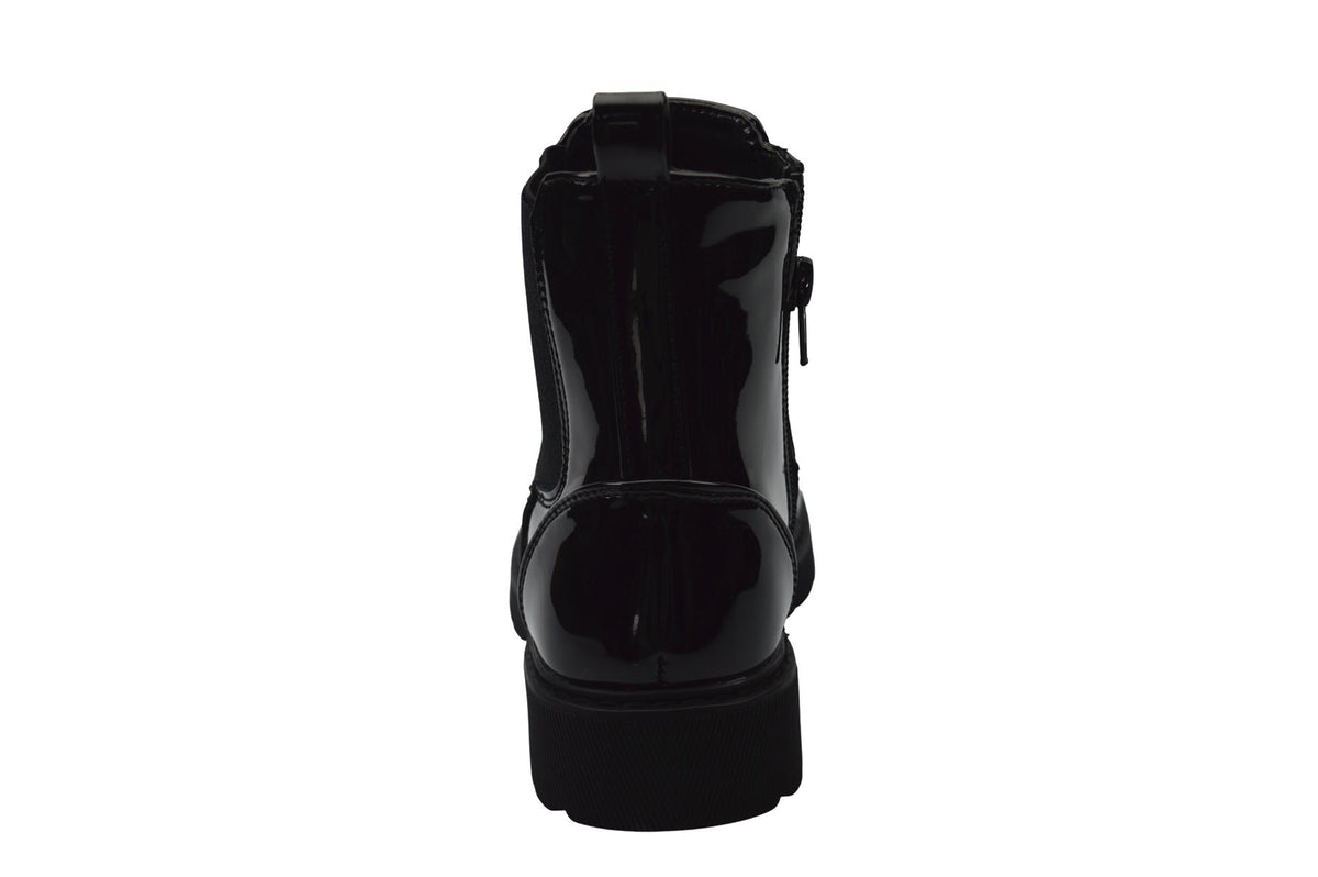 Girls Black Patent PU Zip Ankle Boots